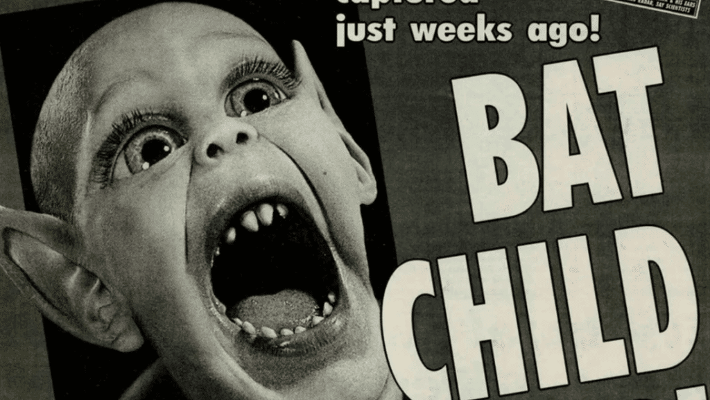 The cover of an edition of the Weekly World News, featuring Bat Boy, a bat-human hybrid.