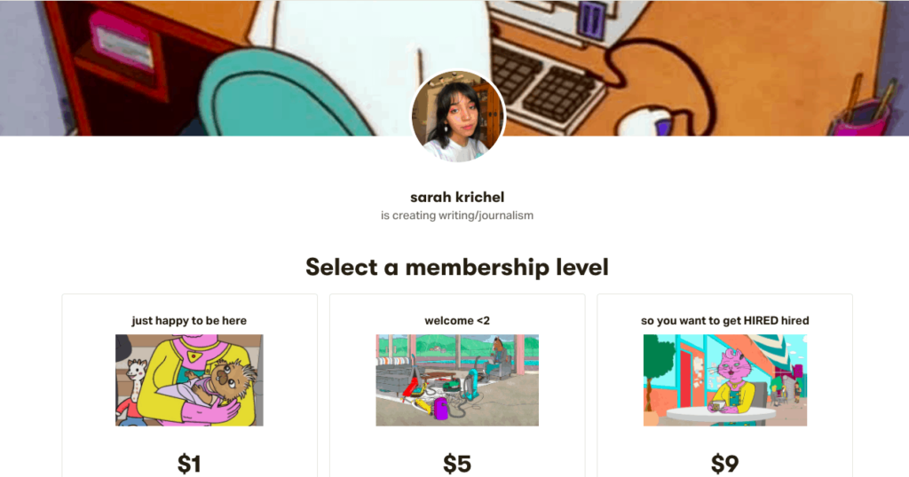 Sarah Krichel's Patreon page, displaying the levels at which people can join, including a $1 level, $5 and $9.