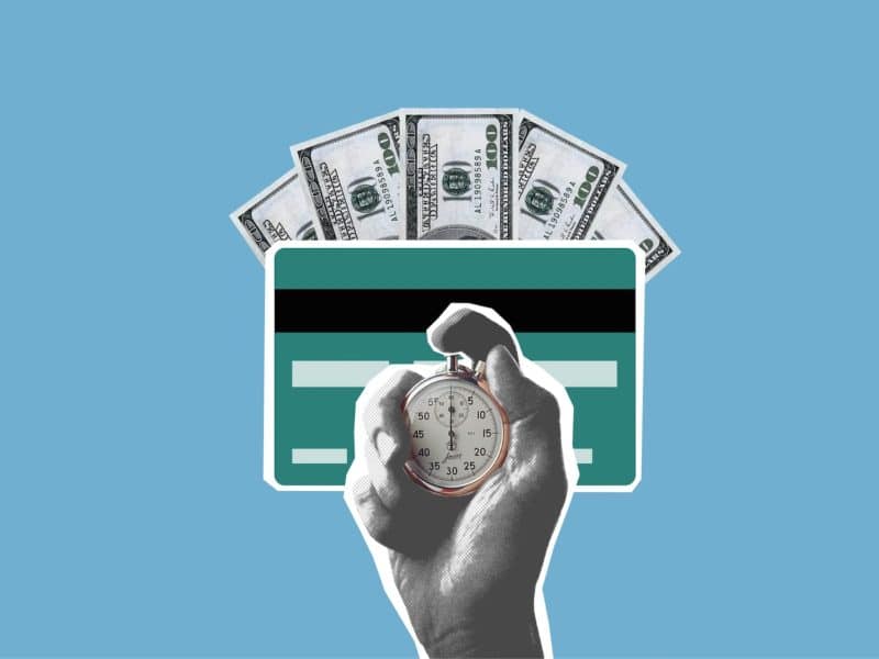 Photo illustration of bills, credit card and a hand holding a stop watch. Revenue campaign best practices 2023.