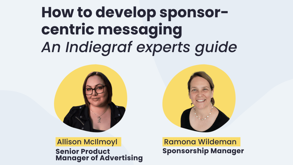 Featured image with the text How to develop sponsor-centric messaging. In the middle the headshots of 2 paid sponsorships indiegraf experts in yellow background.