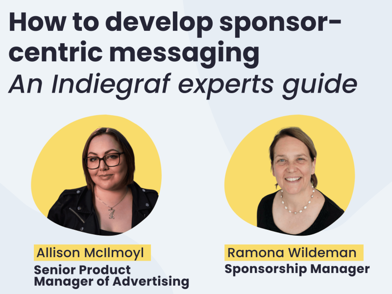 Featured image with the text How to develop sponsor-centric messaging. In the middle the headshots of 2 paid sponsorships indiegraf experts in yellow background.