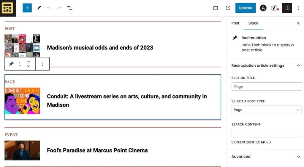 A Recirculation Block is used to display evergreen content.