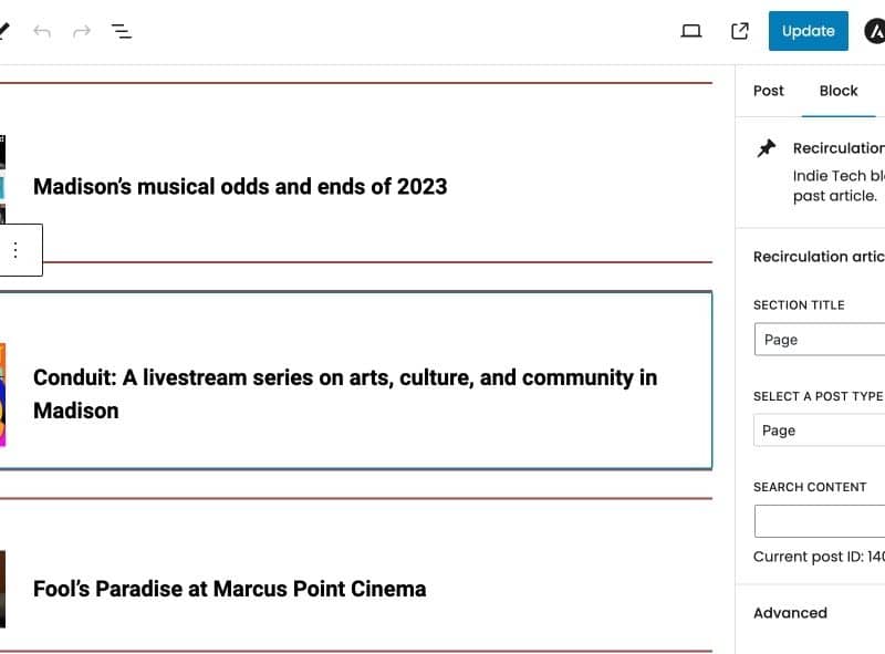 A Recirculation Block is used to display evergreen content.