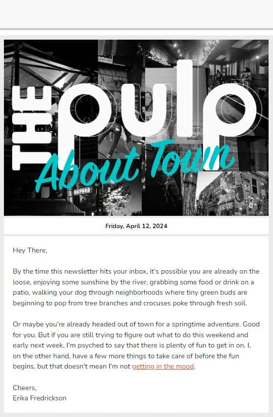 The Pulp "About Town" Newsletter Title - April 12, 2024