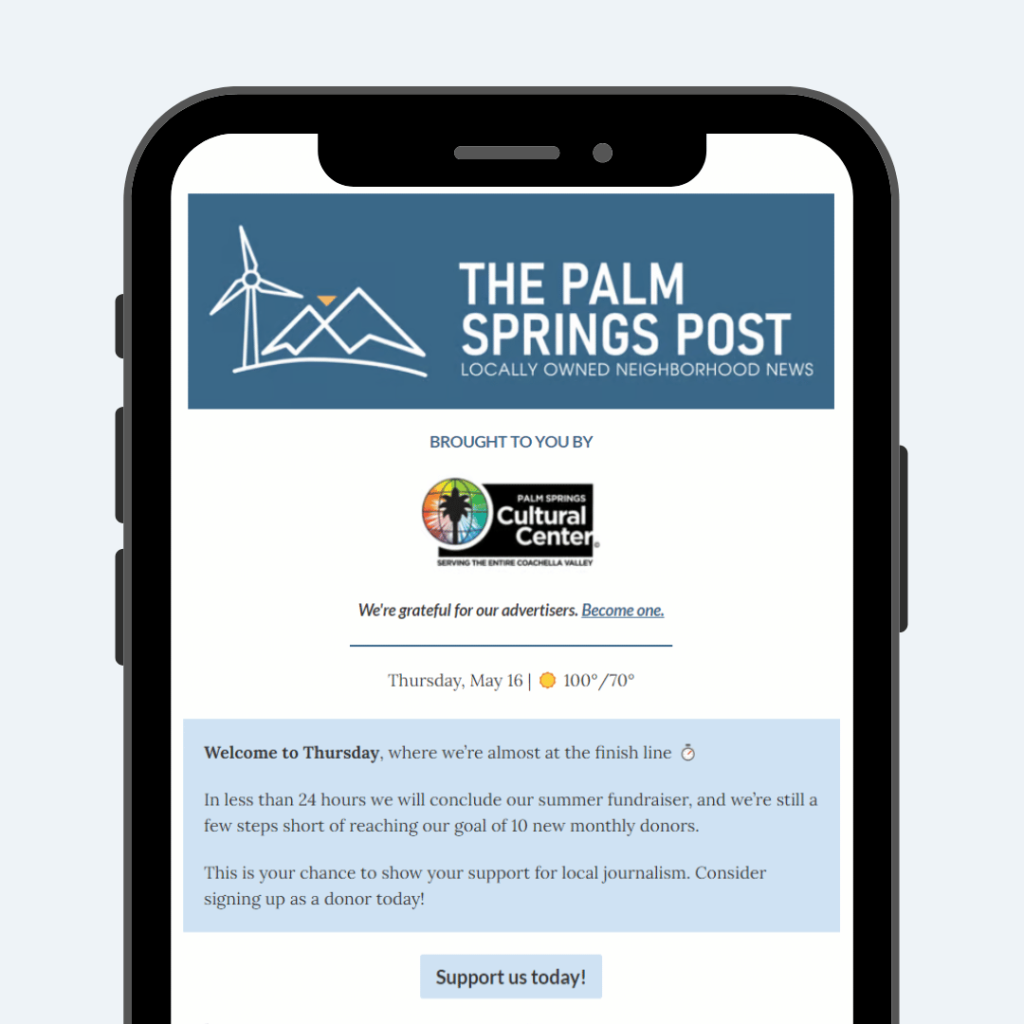 The Palm Springs Post advertising placement in their newsletter 