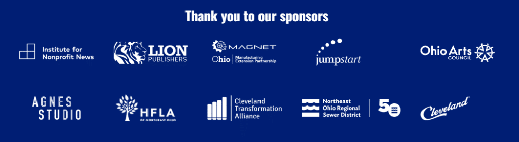 The Land homepage footer with sponsor logos is displayed on a blue background with the text "Thank you to our sponsors" at the top.