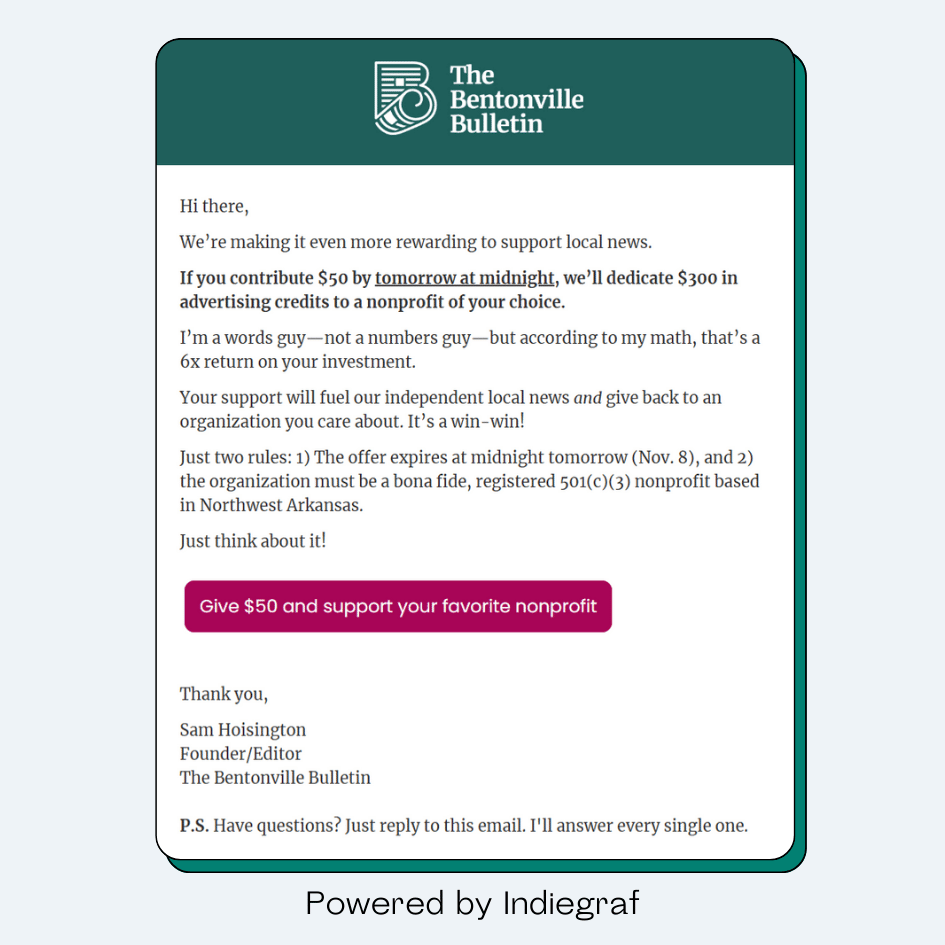 An email from the Bentonville Bulletin offering advertising credits to non-profits in exchange for contributions from readers.