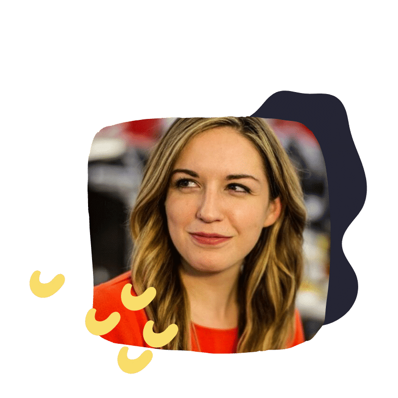 a photograph of Colleen Hagerty, a woman with long blonde hair wearing a red top, smiling slightly while looking off to the side. The image is decorated with abstract yellow and dark shapes.