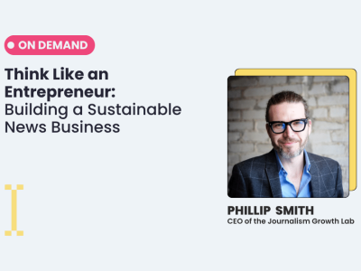 Webinar promotional image, speaker Phillip Smith, CEO of the Journalism Growth Lab, smiling and wearing glasses, a blue shirt, and a dark plaid blazer, standing in front of a light brick wall.