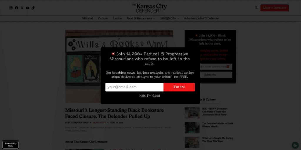 Website popup from The Kansas City Defender encouraging email signups. It reads, “Join 14,000+ Radical & Progressive Missourians who refuse to be left in the dark,” offering breaking news and action steps for free. This is an example of Stage 2 in the audience funnel: converting target audience into email subscribers.